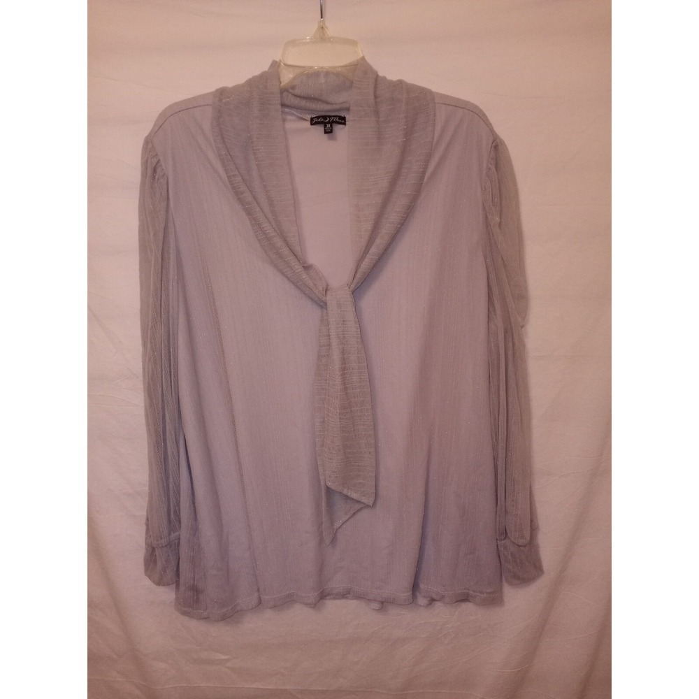 Jade Moon 3x Gray Silver Blouse Sheer Tie‎ Lined Silver Thread Bling Cuffs A2